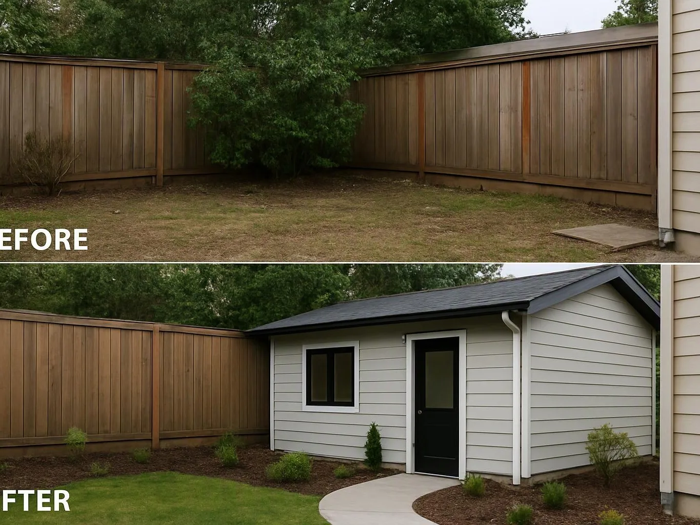 A backyard before-and-after view shows a fenced yard changed into a small shed with a curved concrete path and planted shrubs