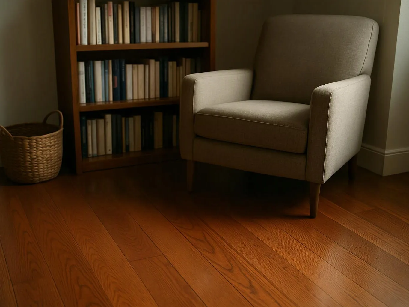 A beige armchair sits beside a bookshelf and woven basket on a warm wooden floor