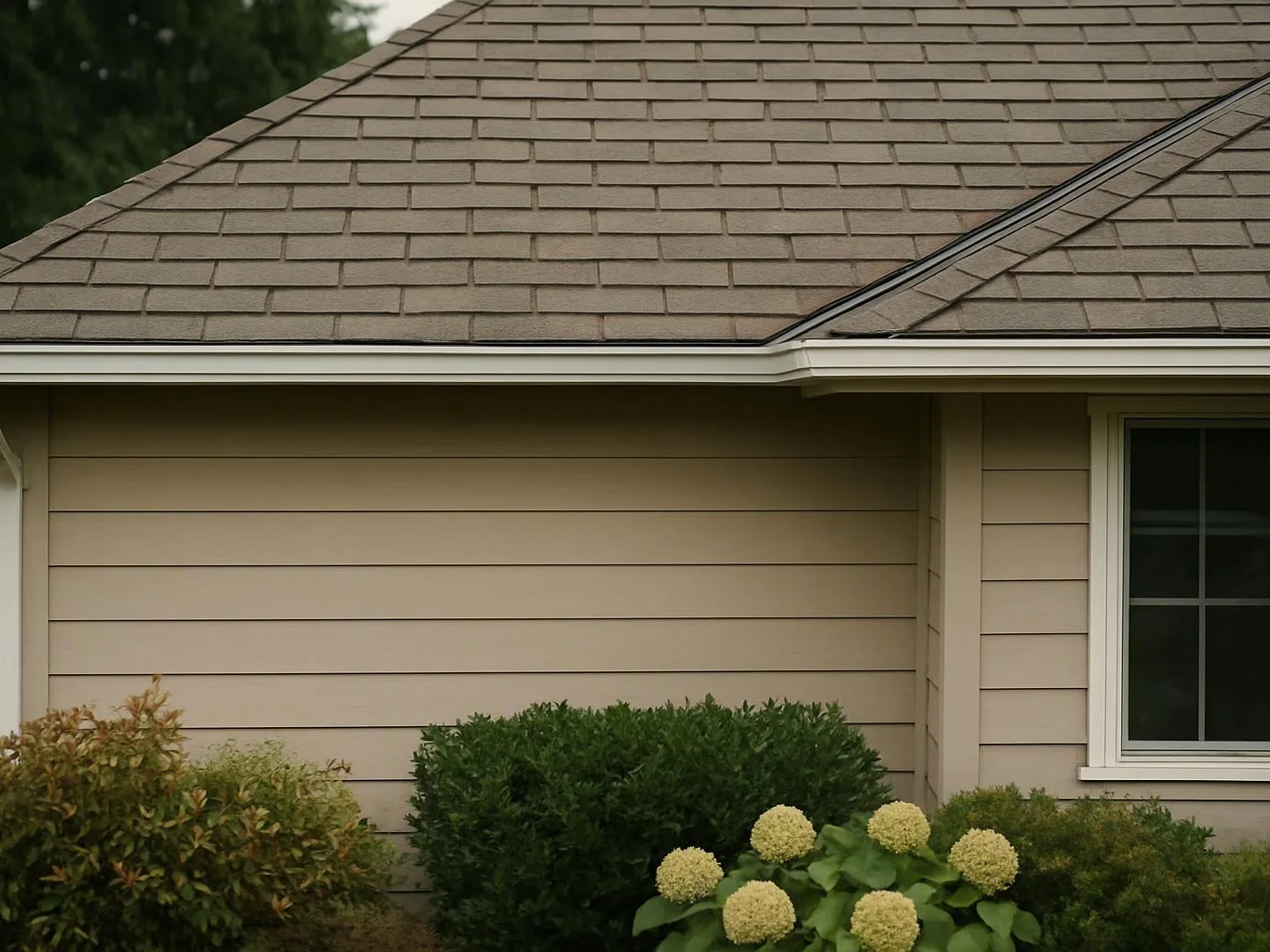 A beige house wall and shingled roof sit behind trimmed shrubs and white hydrangea flowers