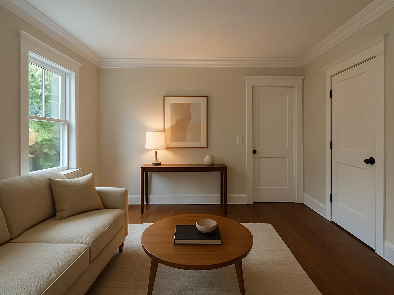 A beige living room holds a sofa, round coffee table, lit lamp, framed art, and two white doors