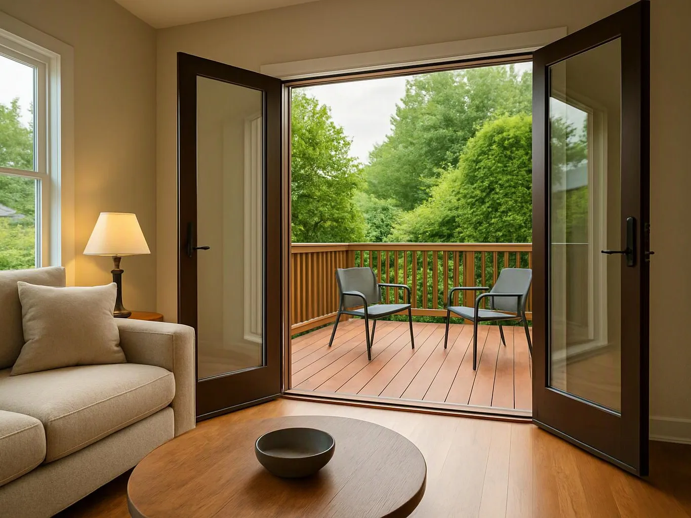 A beige living room opens to a wooden deck with two chairs and green trees beyond
