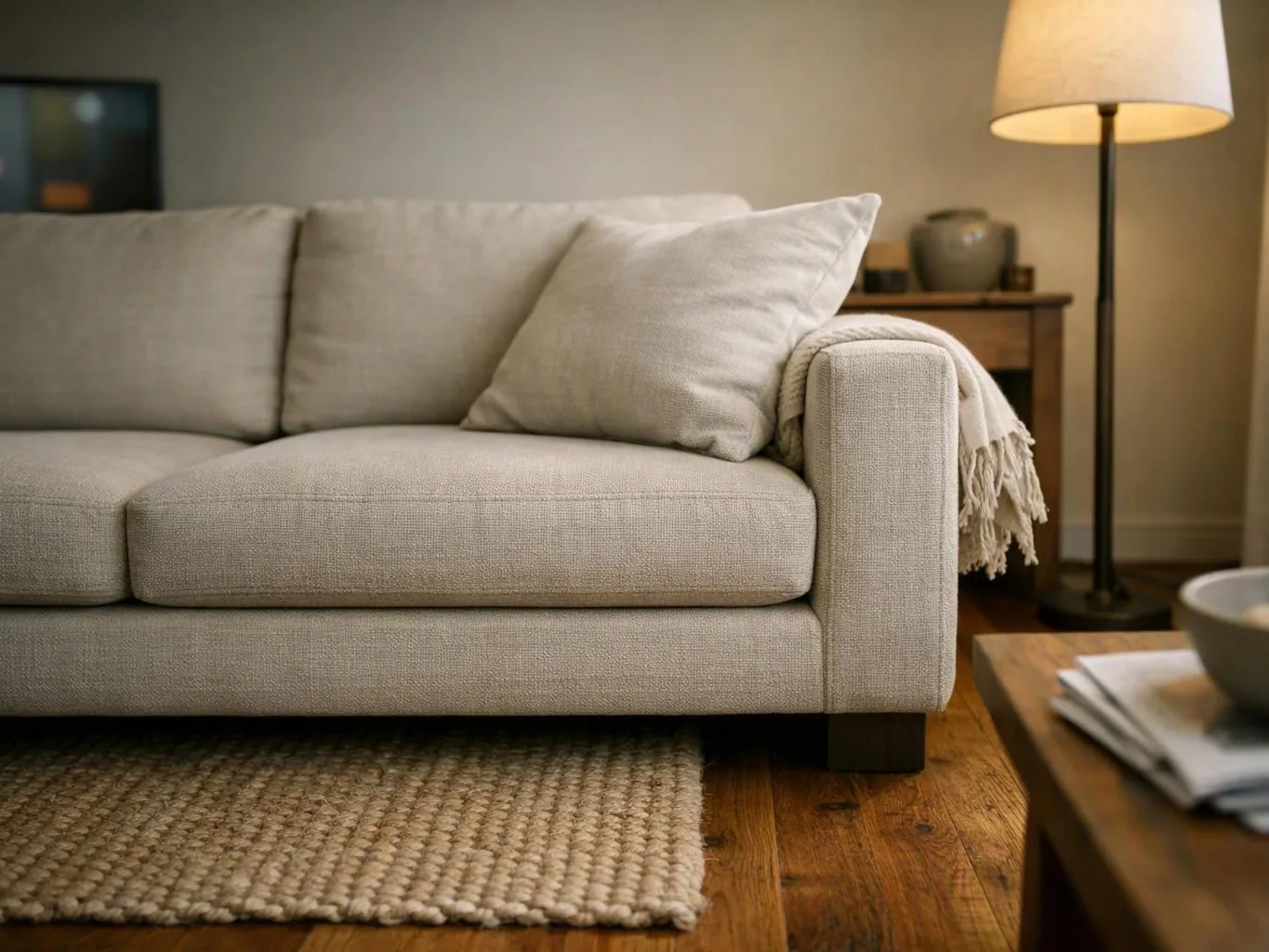 A beige sofa with pillows sits in a cozy living room beside a lit floor lamp and woven rug