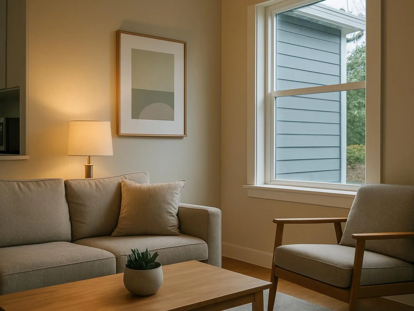 A beige sofa, wooden chair, lamp, and coffee table sit in a bright living room by a window