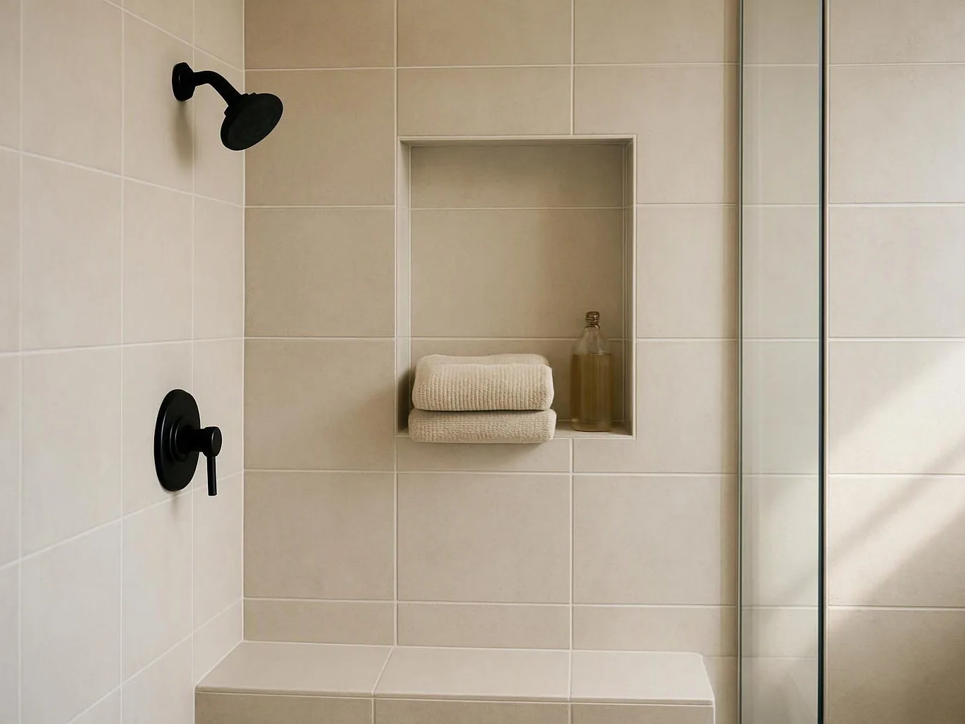 A beige tiled shower shows black fixtures, a recessed shelf with folded towels and a bottle, and a glass door edge