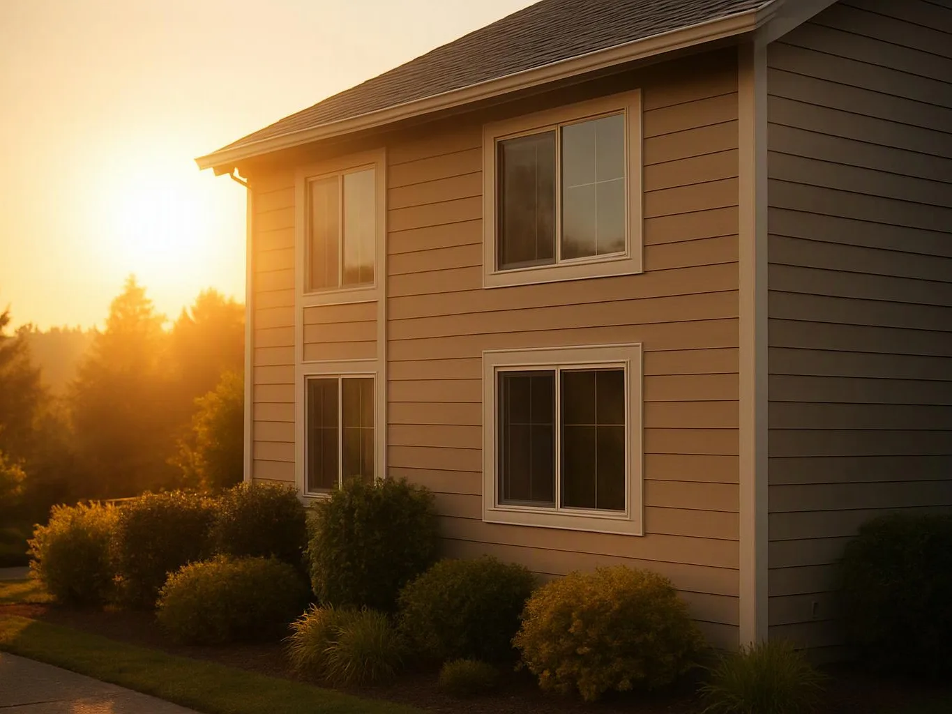 A beige two-story house with white-trimmed windows sits beside bushes in warm sunset light