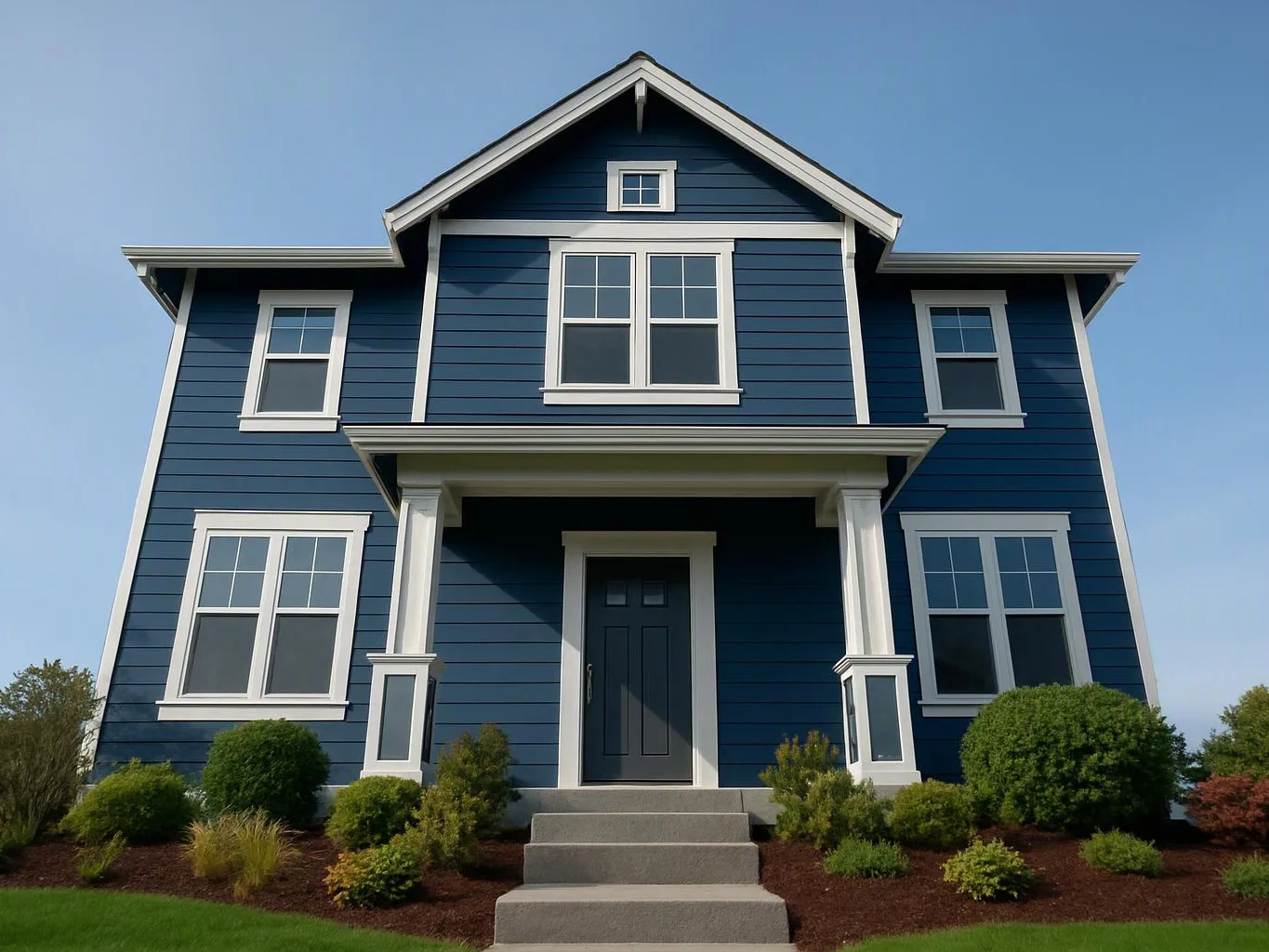 A blue two-story house with white trim stands under a clear sky, framed by a front porch and shrubs