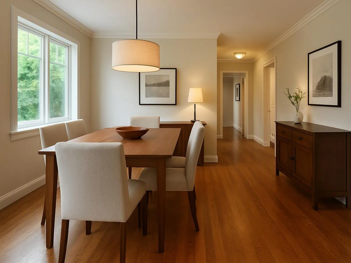 A bright dining room shows a wooden table, four cream chairs, framed art, and warm hardwood floors