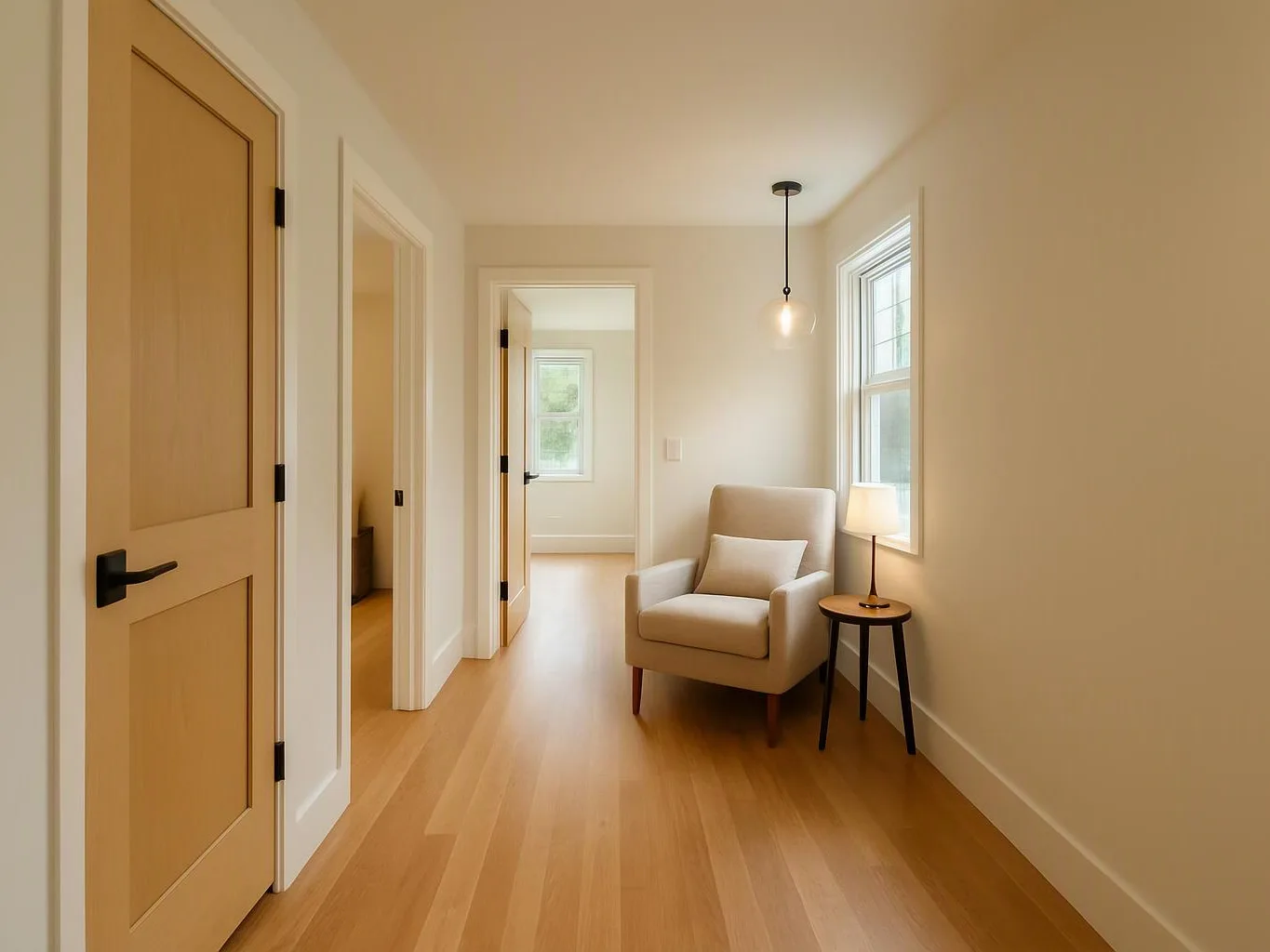A bright hallway shows a beige armchair beside a small lamp table and open doorways with wood floors