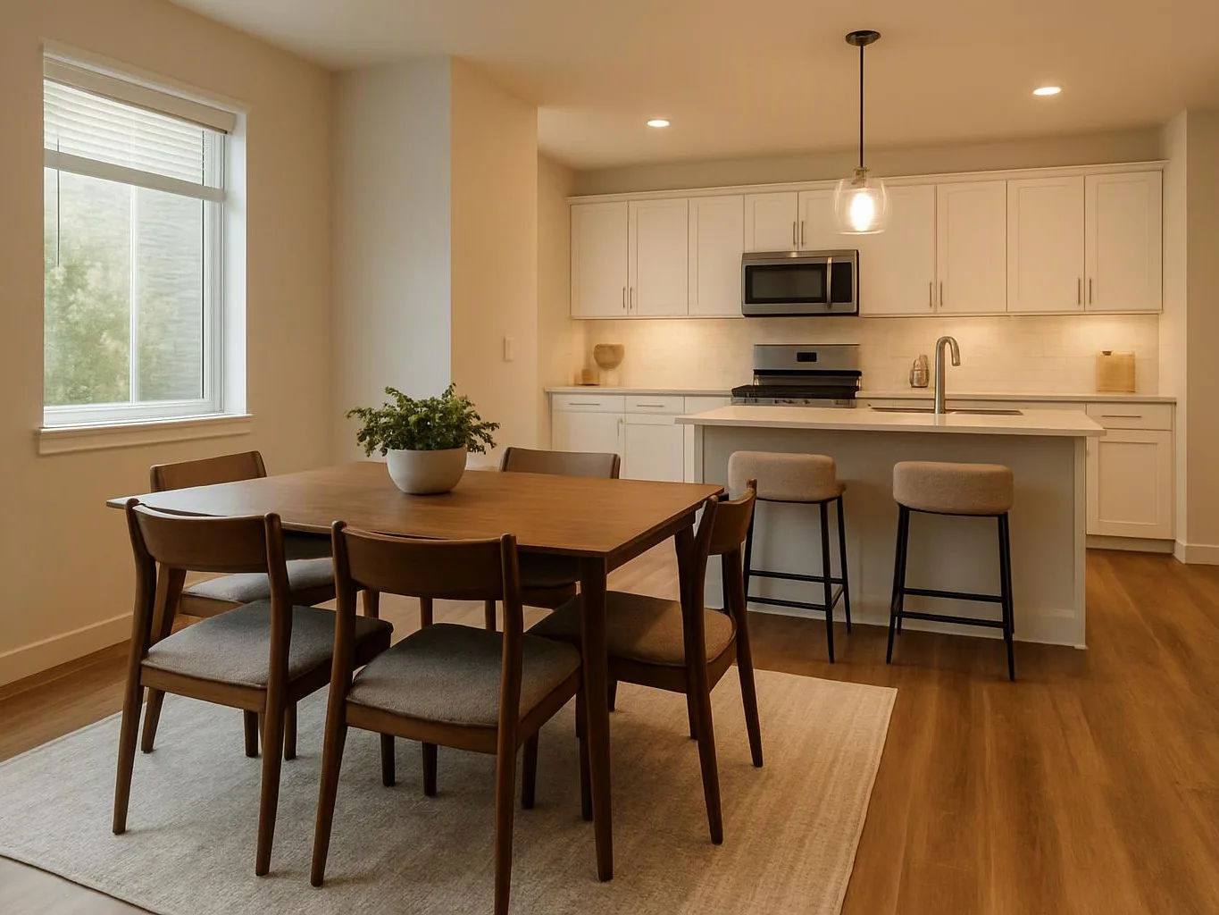 A bright kitchen and dining area shows a wooden table, chairs, white cabinets, and a breakfast island with stools