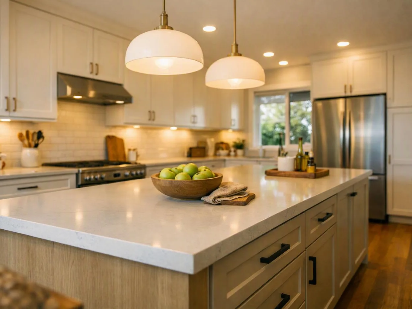 Bright kitchen with white cabinets, a large island, hanging lights, and a bowl of green apples