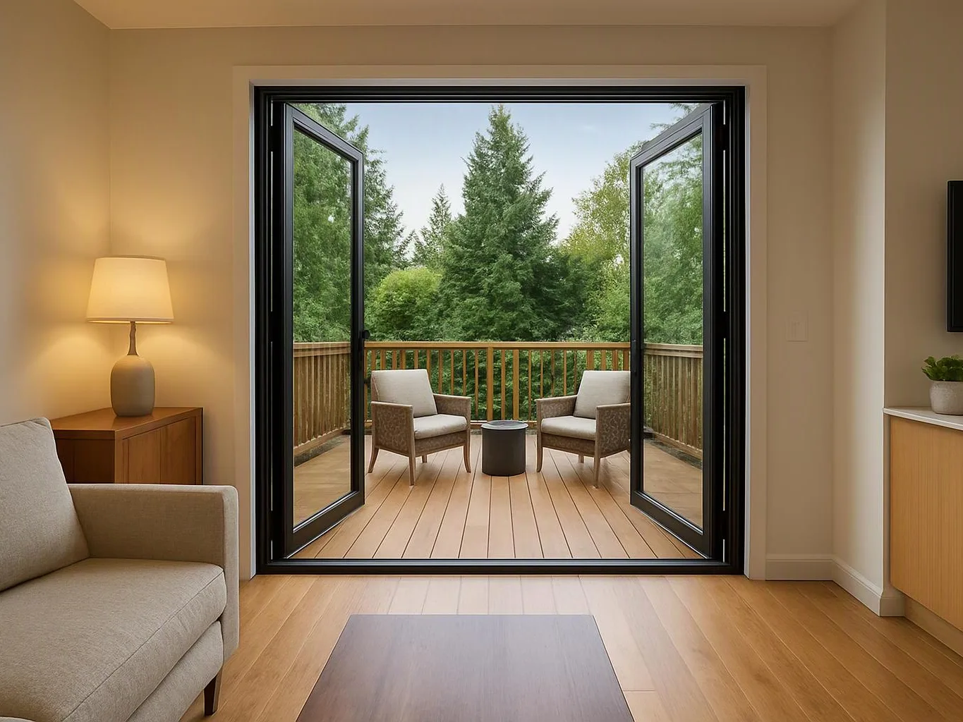 A bright living room opens to a deck with two chairs and a small table, surrounded by trees