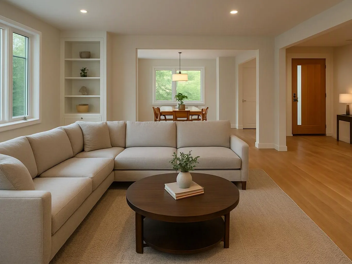 A bright living room shows a beige sectional, round coffee table, and dining nook beyond wide openings
