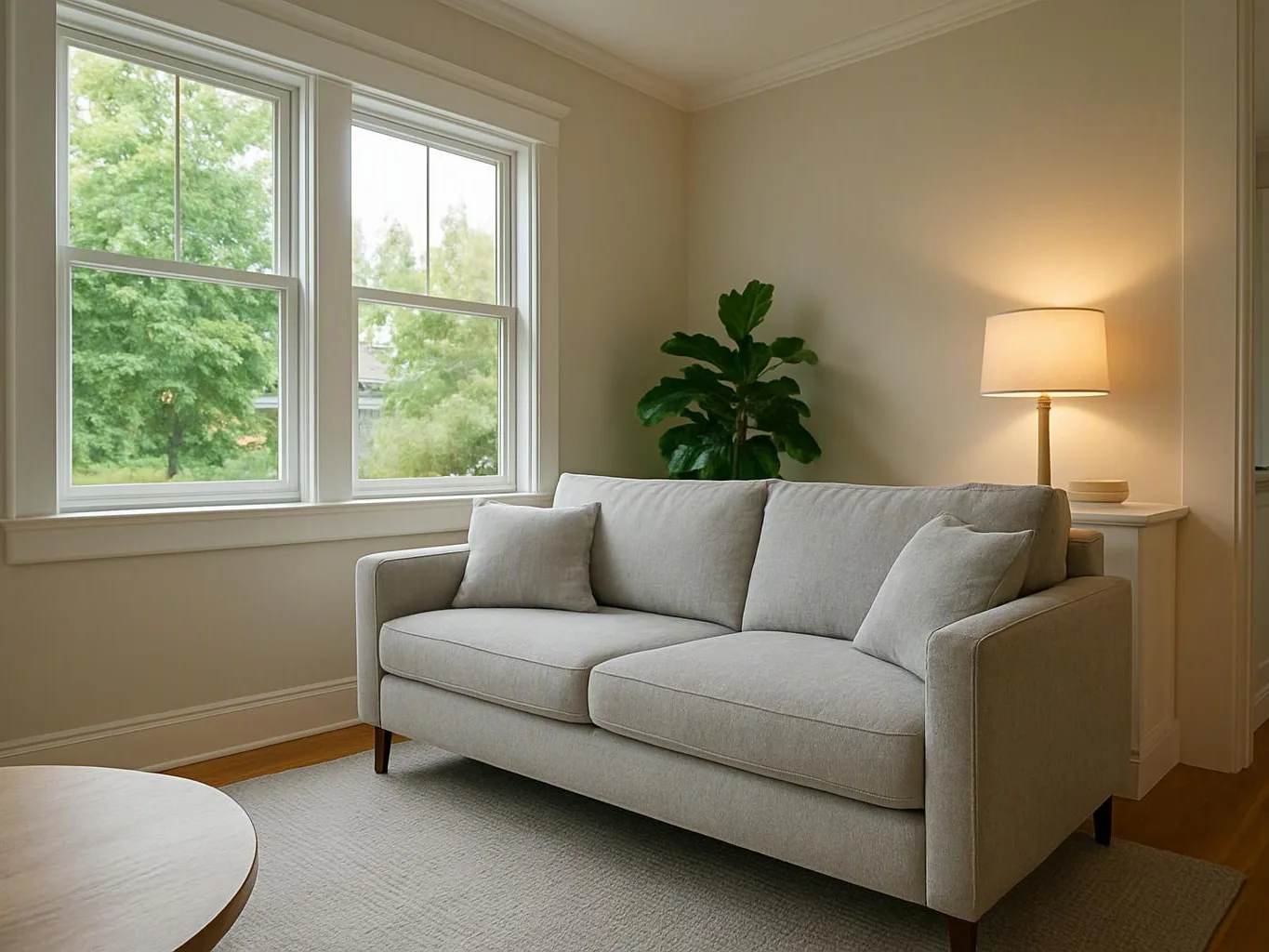 A bright living room shows a gray sofa, a lit floor lamp, a potted plant, and large windows with green trees outside