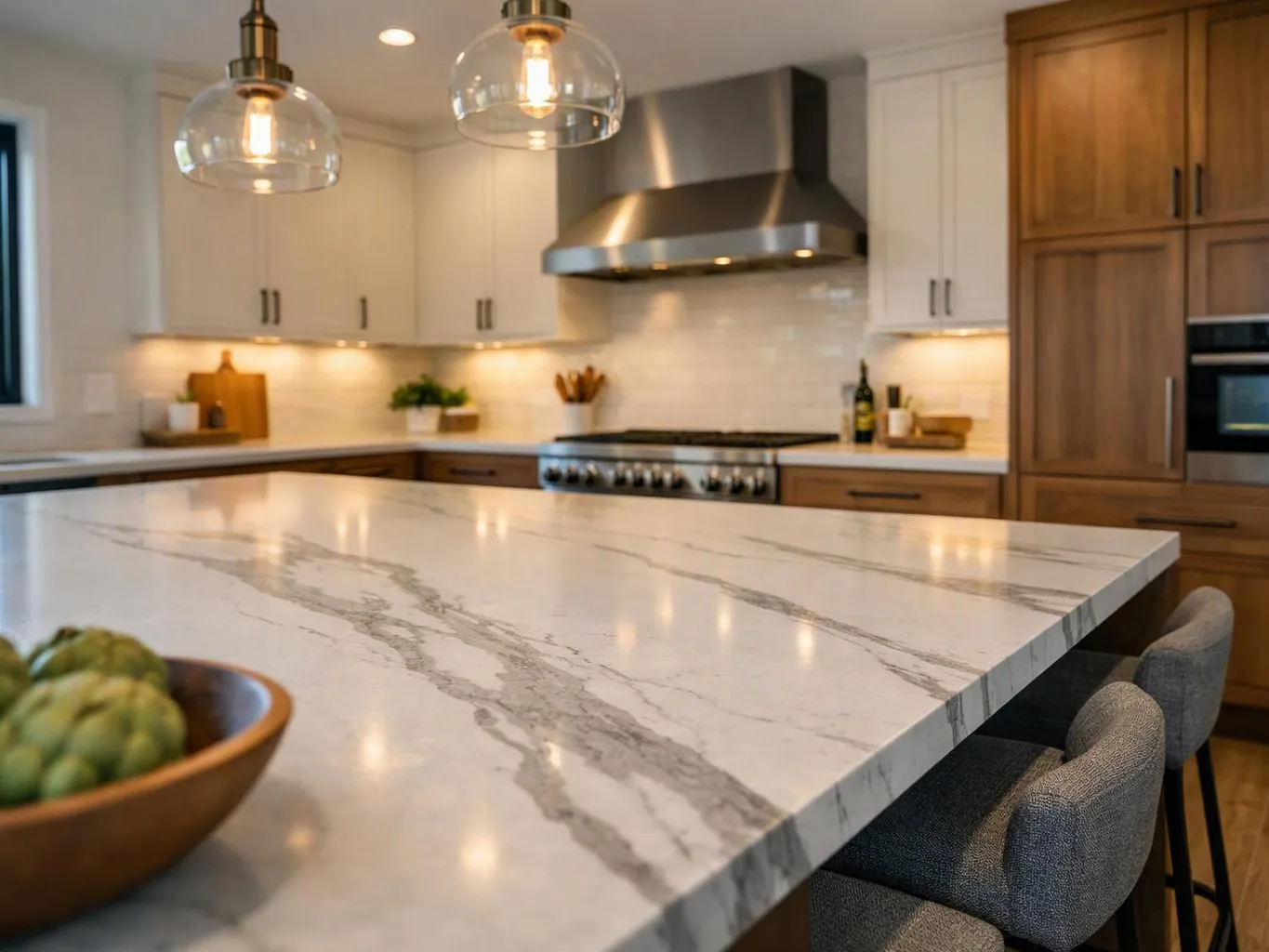 A bright modern kitchen features a marble island, pendant lights, wood cabinets, and a stainless steel stove hood