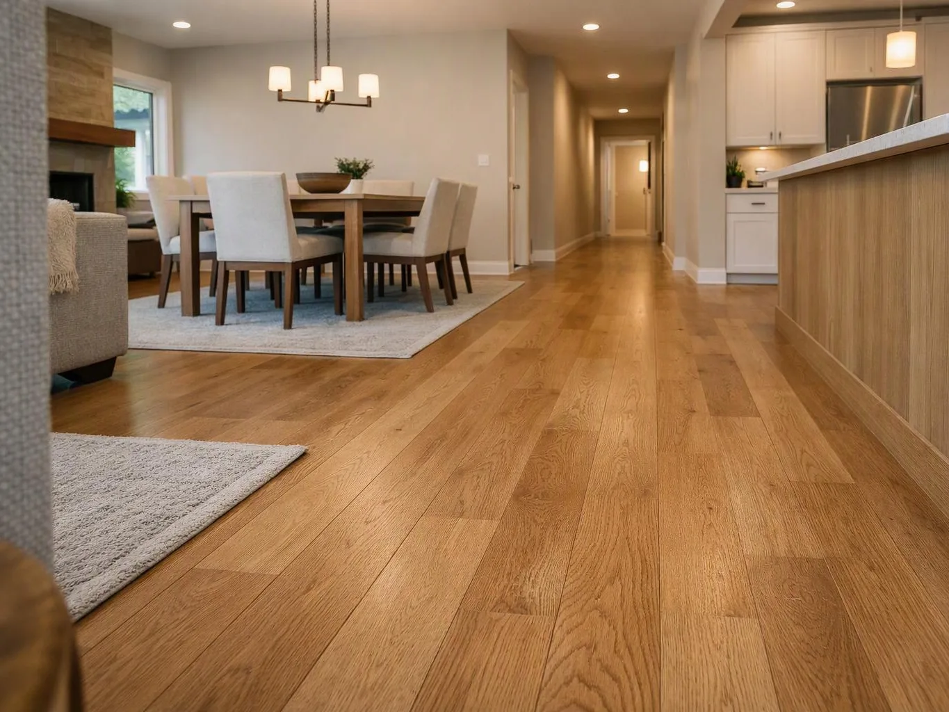 A bright open dining and kitchen area with wood floors, a table, chairs, and a hallway beyond