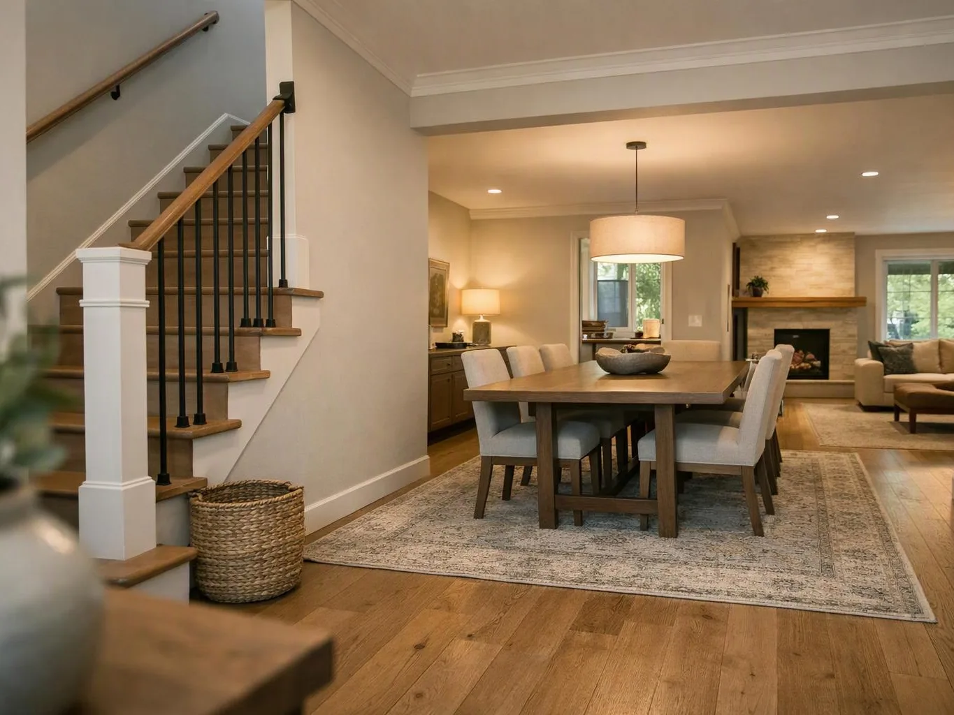 A bright open-plan dining room and living area shows a wooden table, staircase, fireplace, and beige sofa