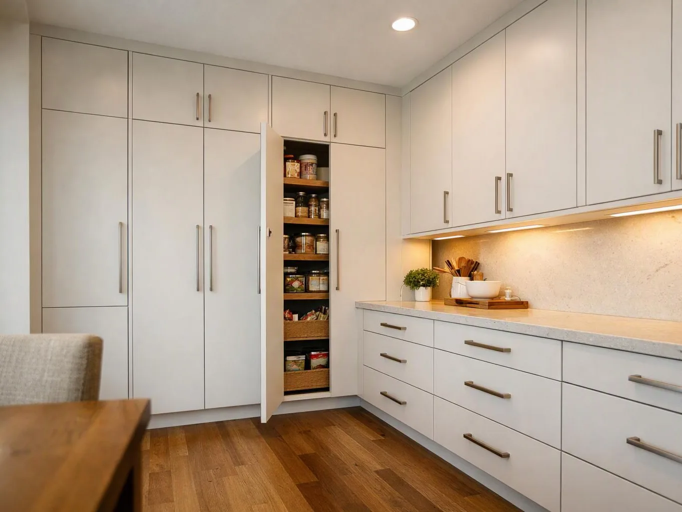 Bright white kitchen cabinets line the wall, with one tall pantry door open to jars and baskets inside