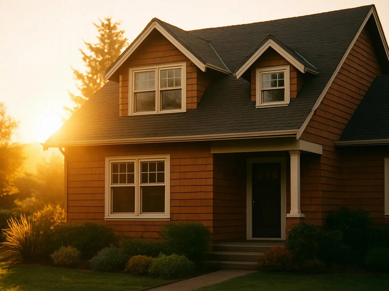 A brown house with a dark roof sits in warm sunset light, with shrubs and a front walkway visible