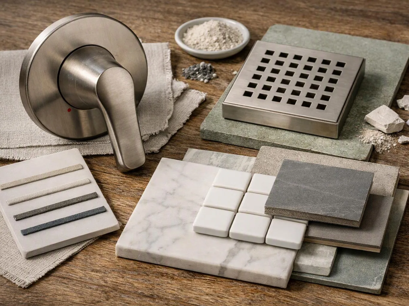 Brushed metal shower hardware sits beside sample tiles, grout swatches, and a square drain on a wooden surface