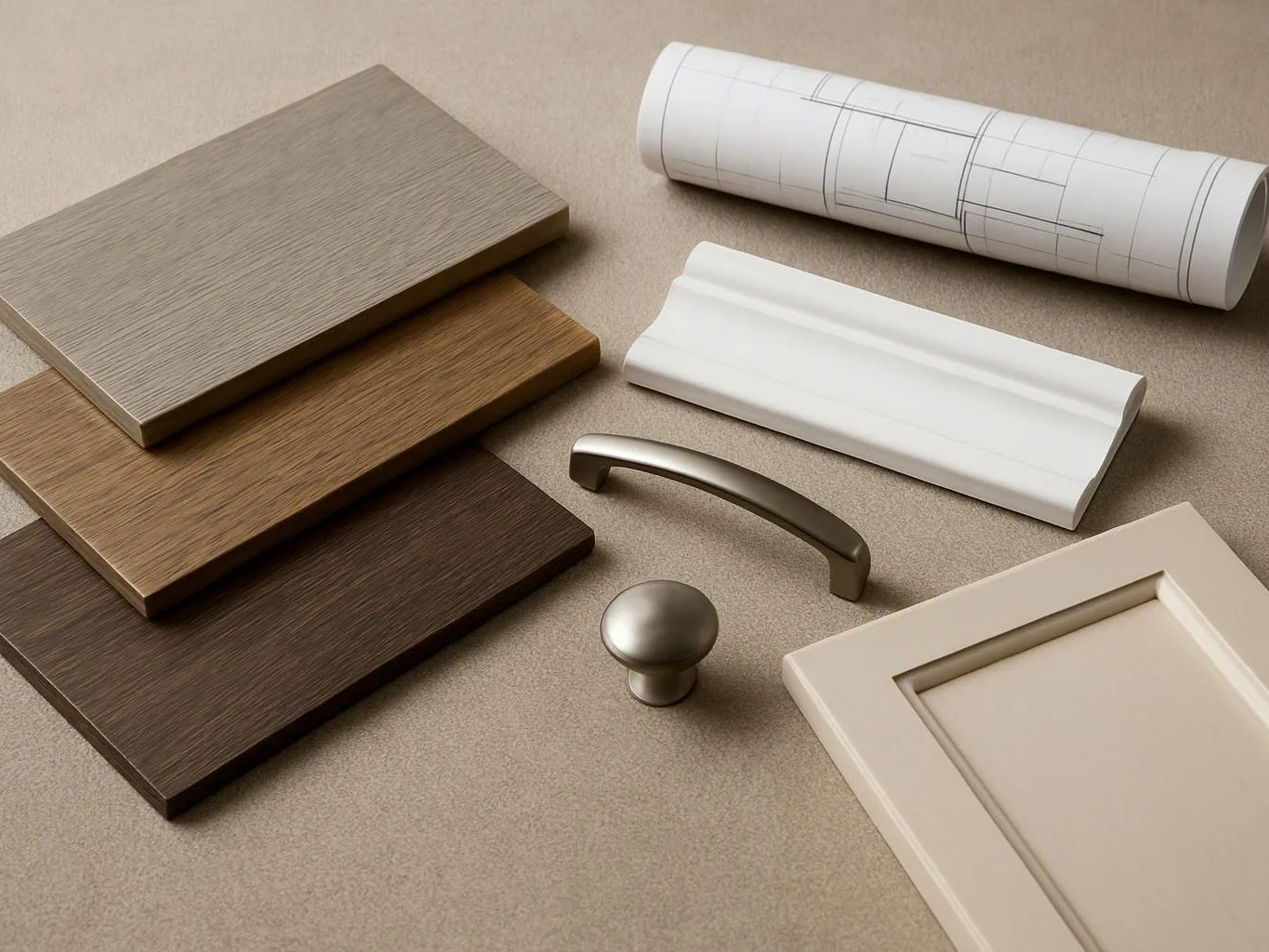 Cabinet door samples and metal handles are arranged on a beige surface
