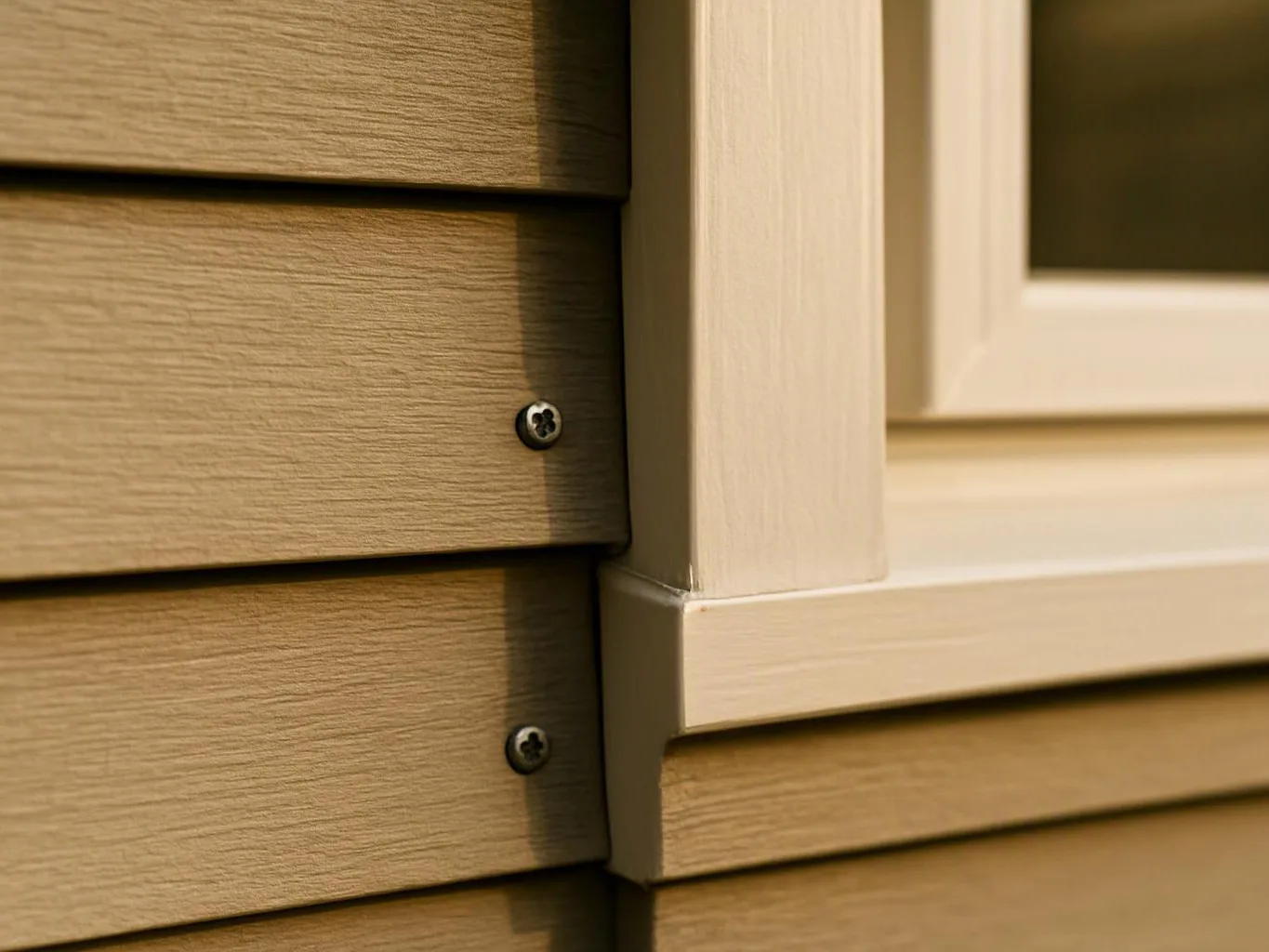 Close-up of beige siding meeting a white window frame with two visible screws