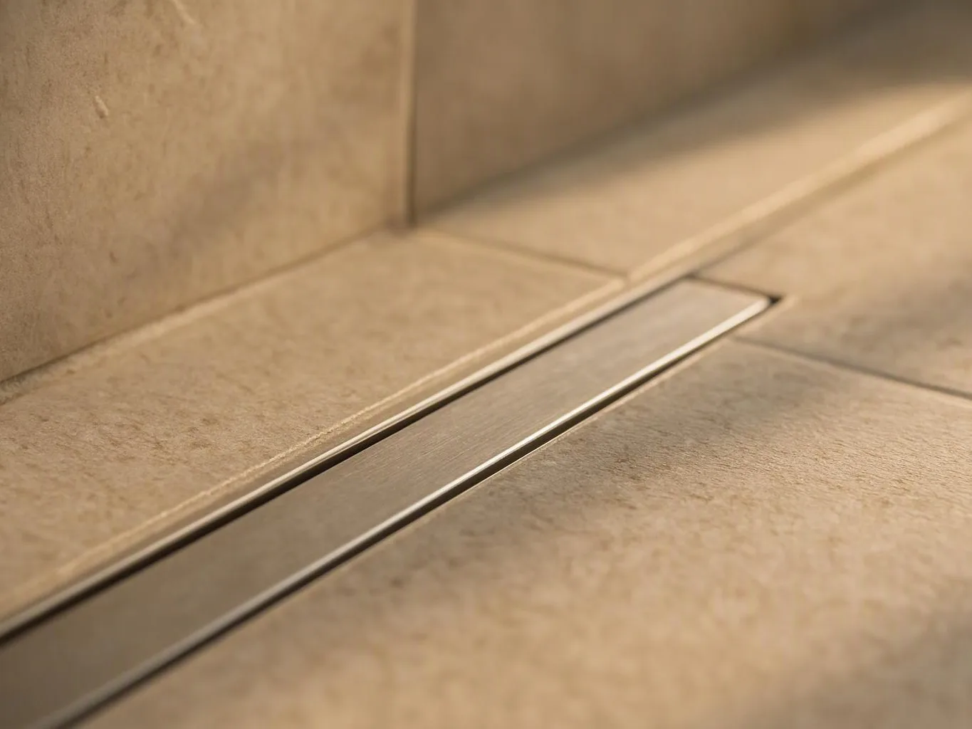 A close-up of beige tiled flooring shows a narrow metal drain strip along the grout line