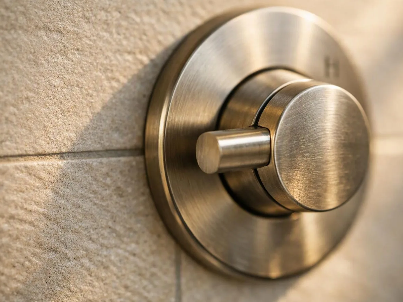 Close-up of a brushed metal shower control knob mounted on a tiled wall
