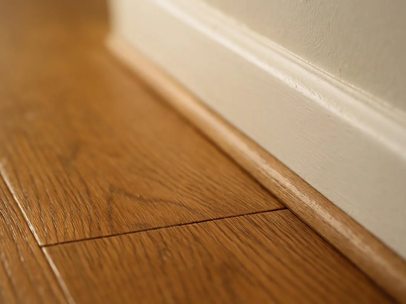 Close-up of a hardwood floor meeting a white wall with a wooden baseboard, lit by warm sunlight