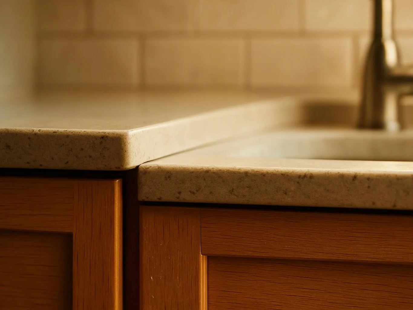 A close-up shows a stone bathroom countertop beside a sink above wooden cabinets