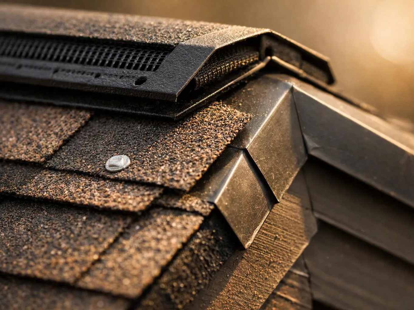 Close-up of textured roof shingles meeting a metal gutter and vent flashing in warm light