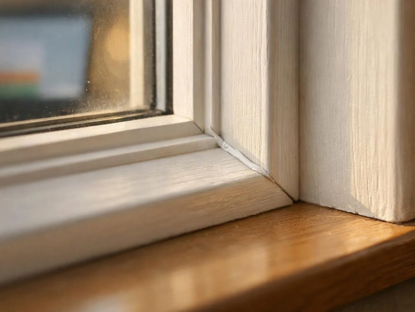 Close-up of a white window frame meeting a wooden sill, lit by warm sunlight