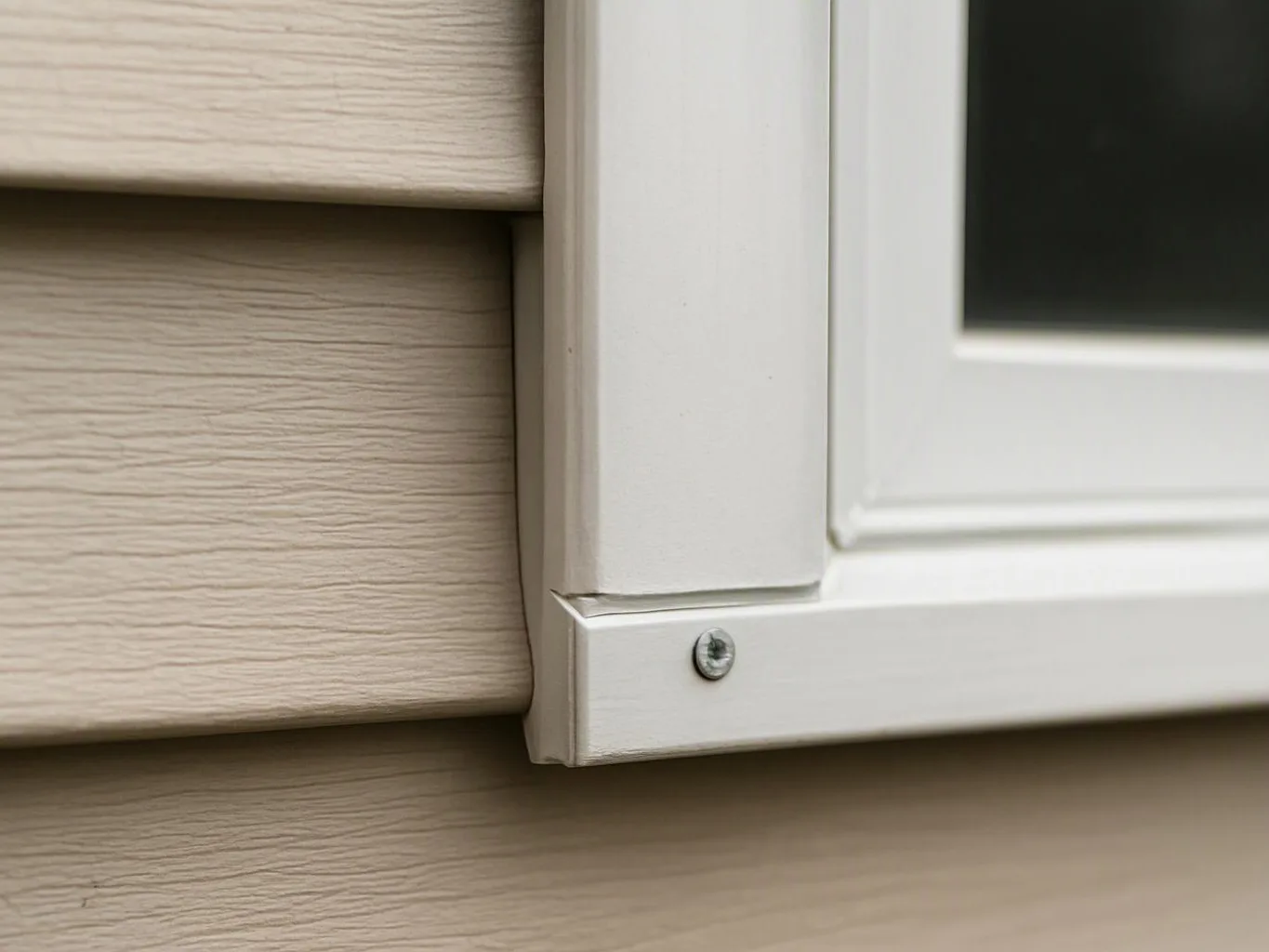 Close-up of a white window frame mounted on beige siding with one visible screw