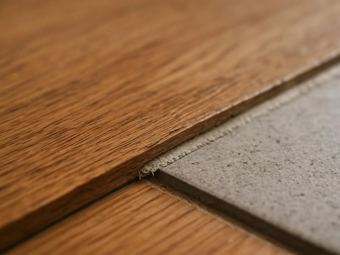 Close-up of a wood floor meeting a gray tile edge with a visible gap