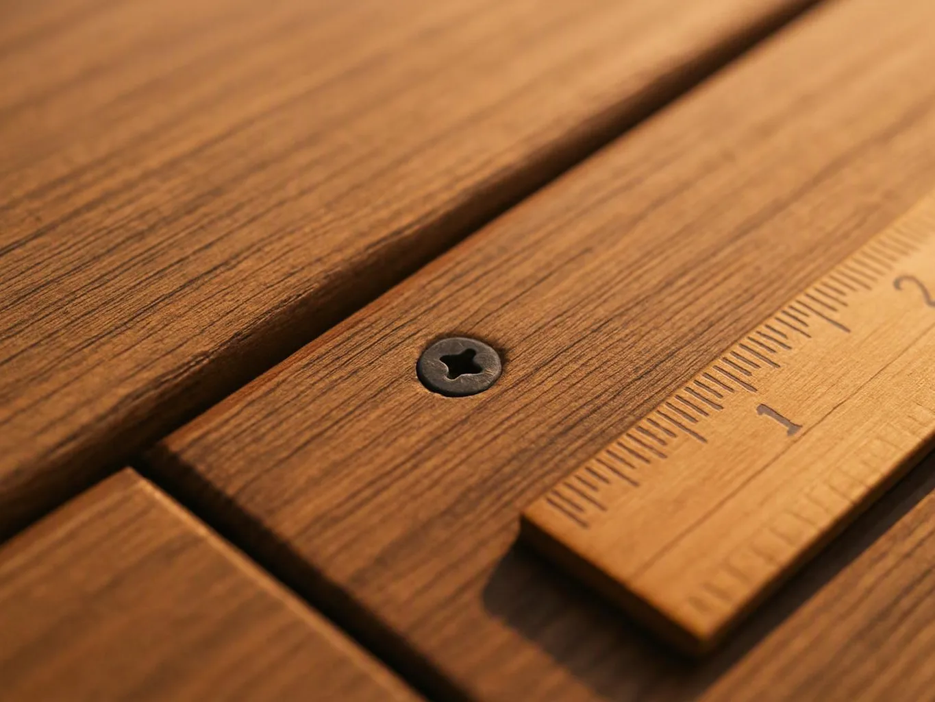Close-up of wooden boards with a metal screw and a ruler edge showing measurement marks