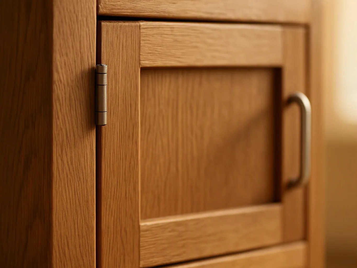 Close-up of a wooden cabinet door with a metal hinge and curved handle in warm light