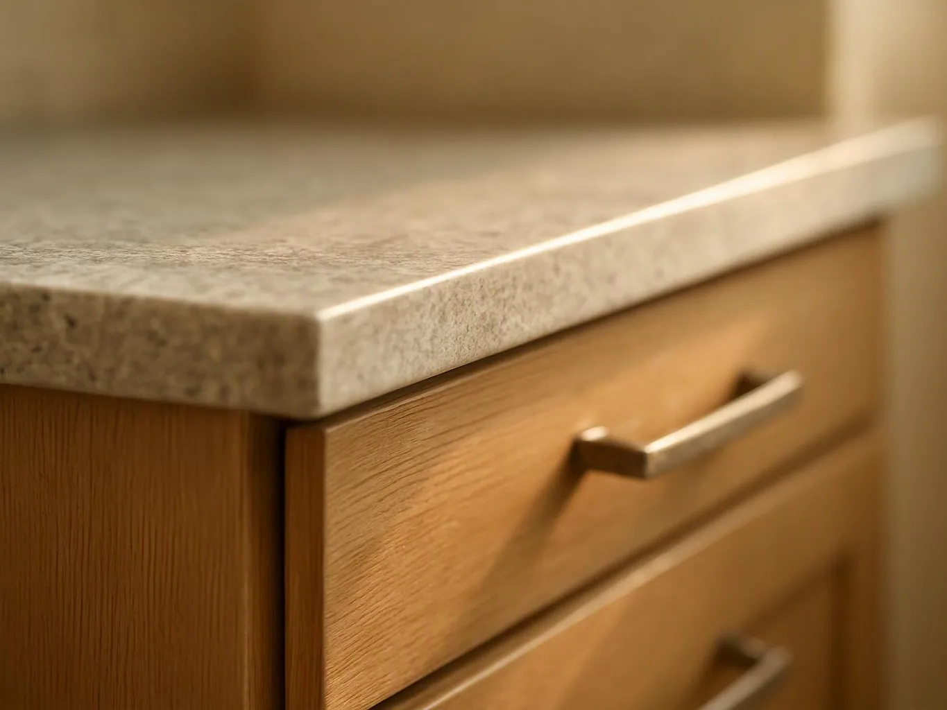 Close-up of a wooden cabinet drawer with a stone countertop and metal handle