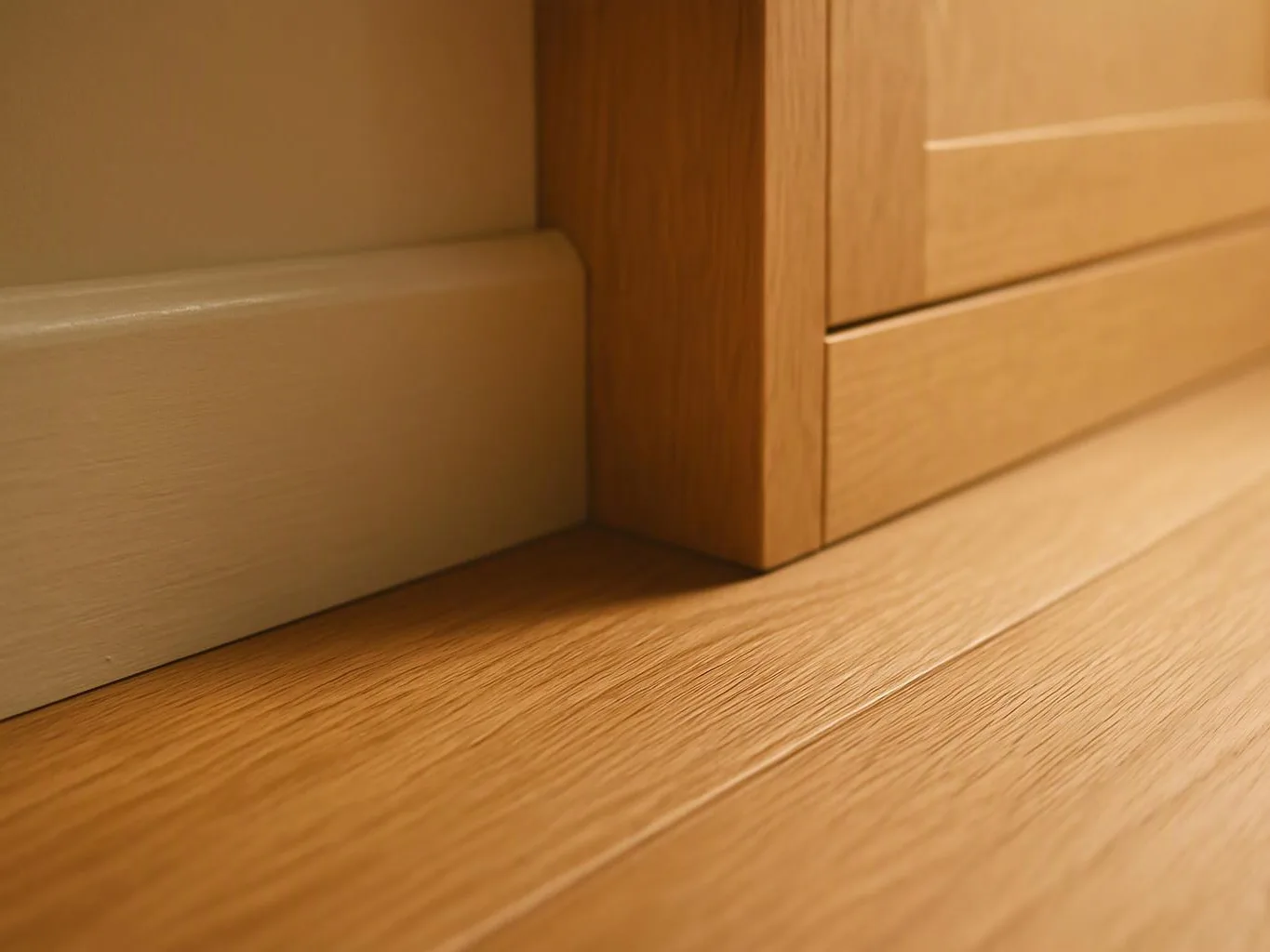 Close-up of a wooden floor meeting a light wood cabinet and baseboard in warm indoor light