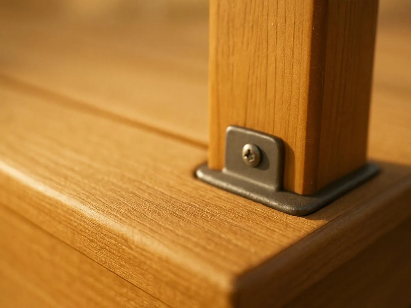 Close-up of a wooden post secured to a matching wood surface with a metal bracket and screw