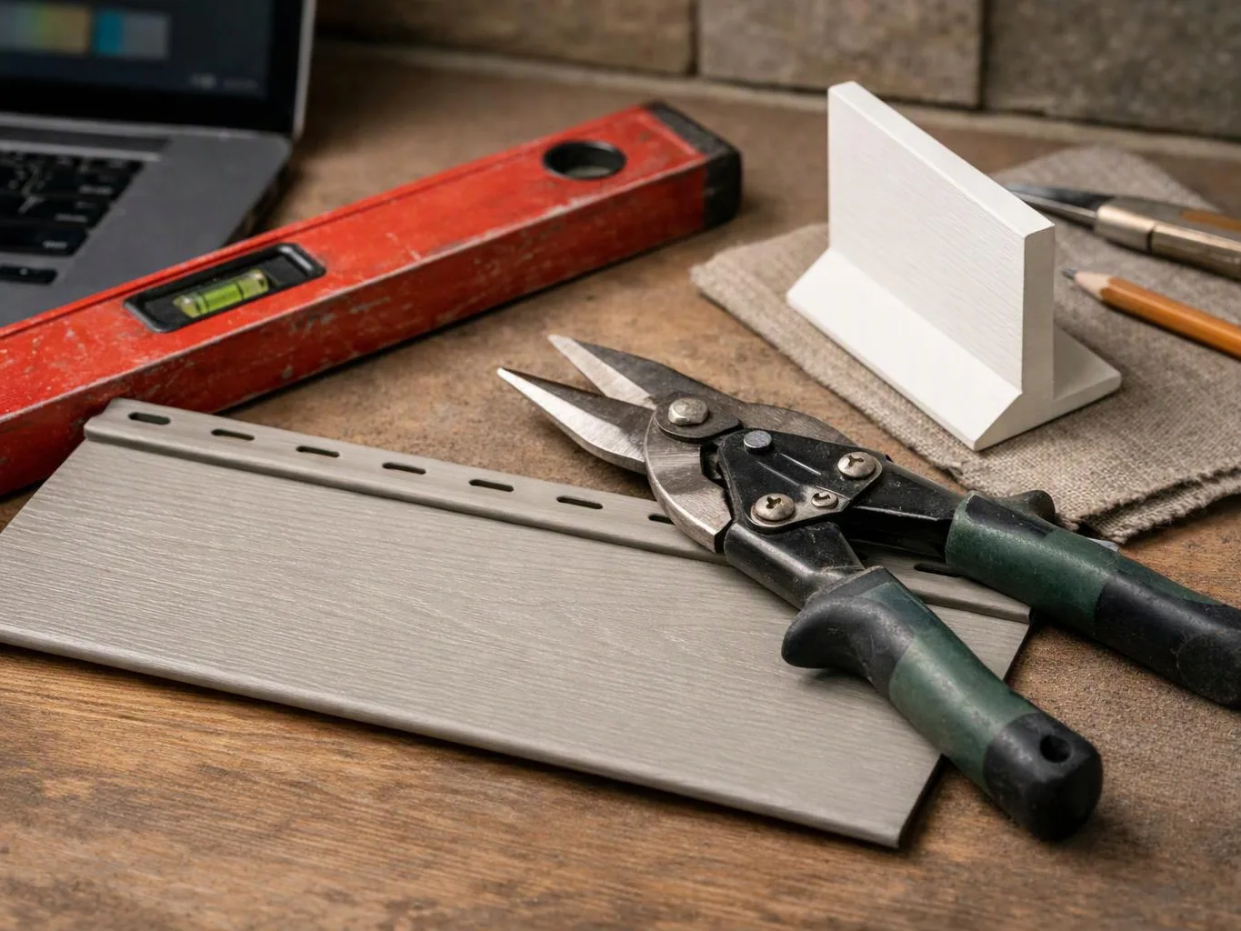 Construction tools and a siding panel rest on a wooden workbench beside a laptop and pencil