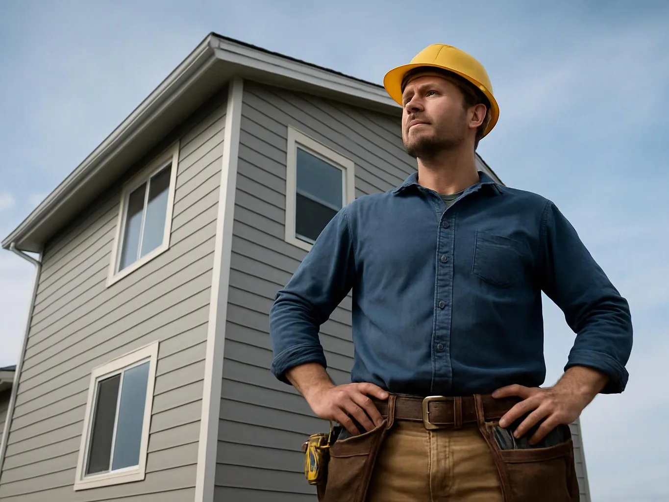 A construction worker in a yellow hard hat stands with hands on hips in front of a gray house under a blue sky