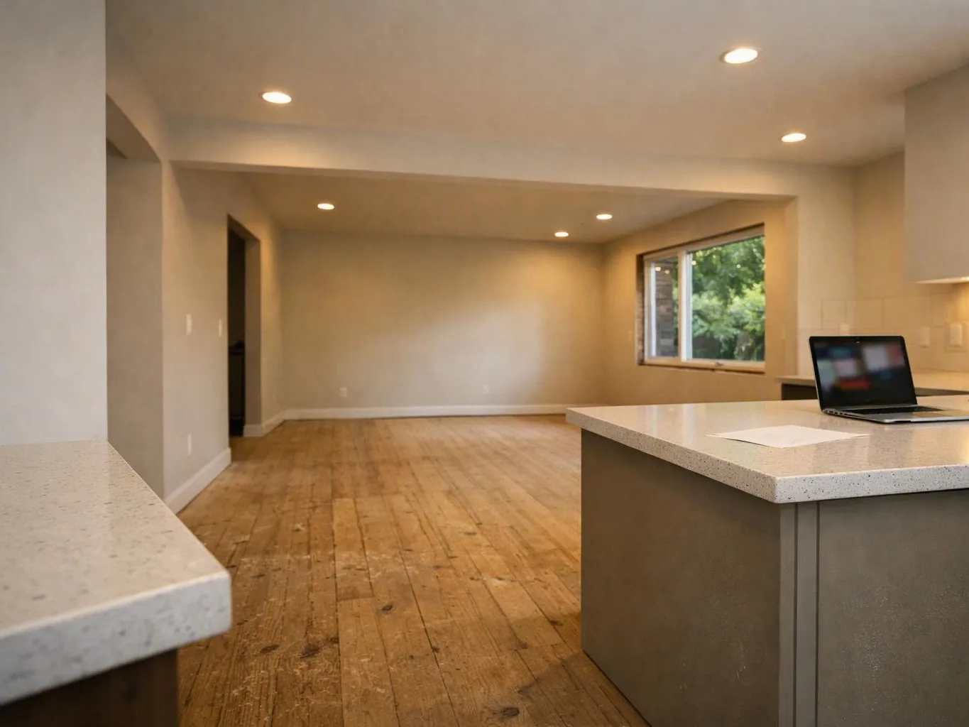 An empty open-plan room shows wood floors, recessed lights, a window, and a kitchen island with a laptop and paper