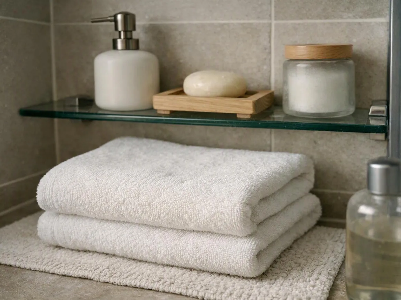 Folded white towels sit beneath bathroom shelf jars, soap, and a dispenser on tiled walls