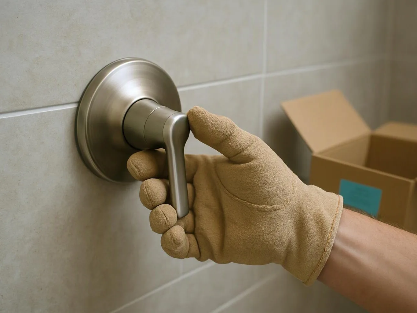 A gloved hand grips a metal lever handle on a tiled wall, with an open cardboard box nearby