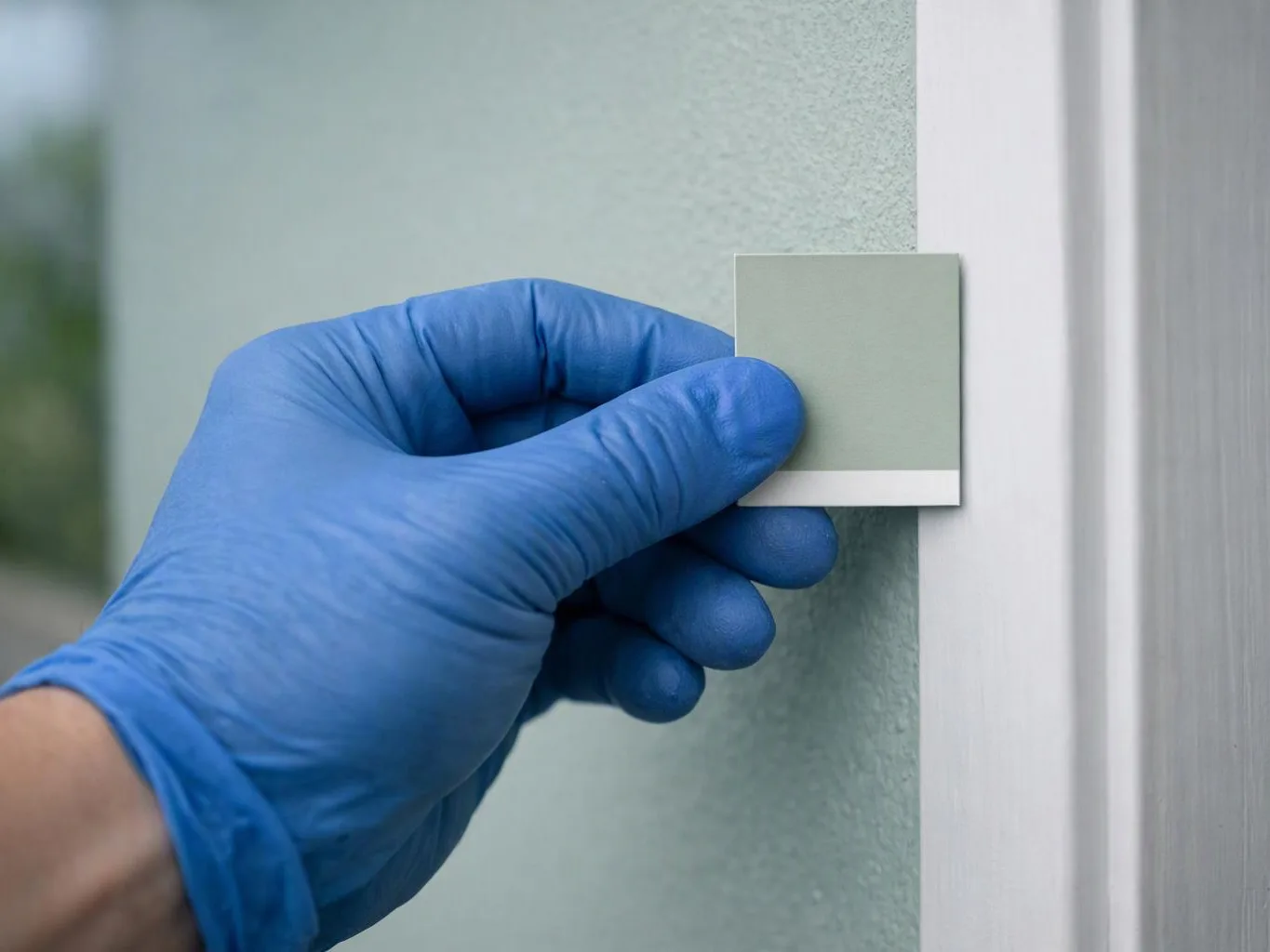 A gloved hand holds a blank color swatch against a textured wall beside a white trim piece
