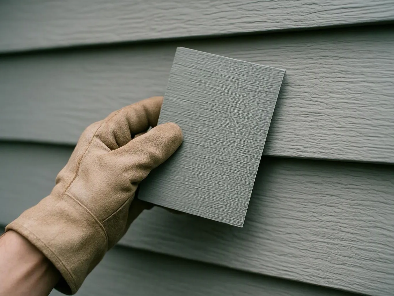 A gloved hand holds a gray paint sample against textured siding outdoors