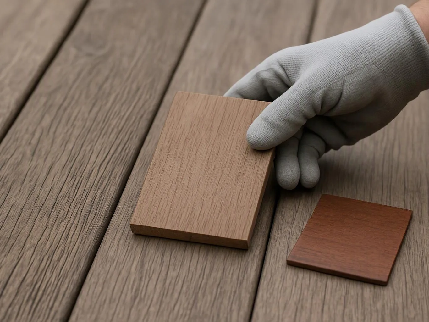 A gloved hand holds a light wood sample beside a darker square sample on a wood-grain surface