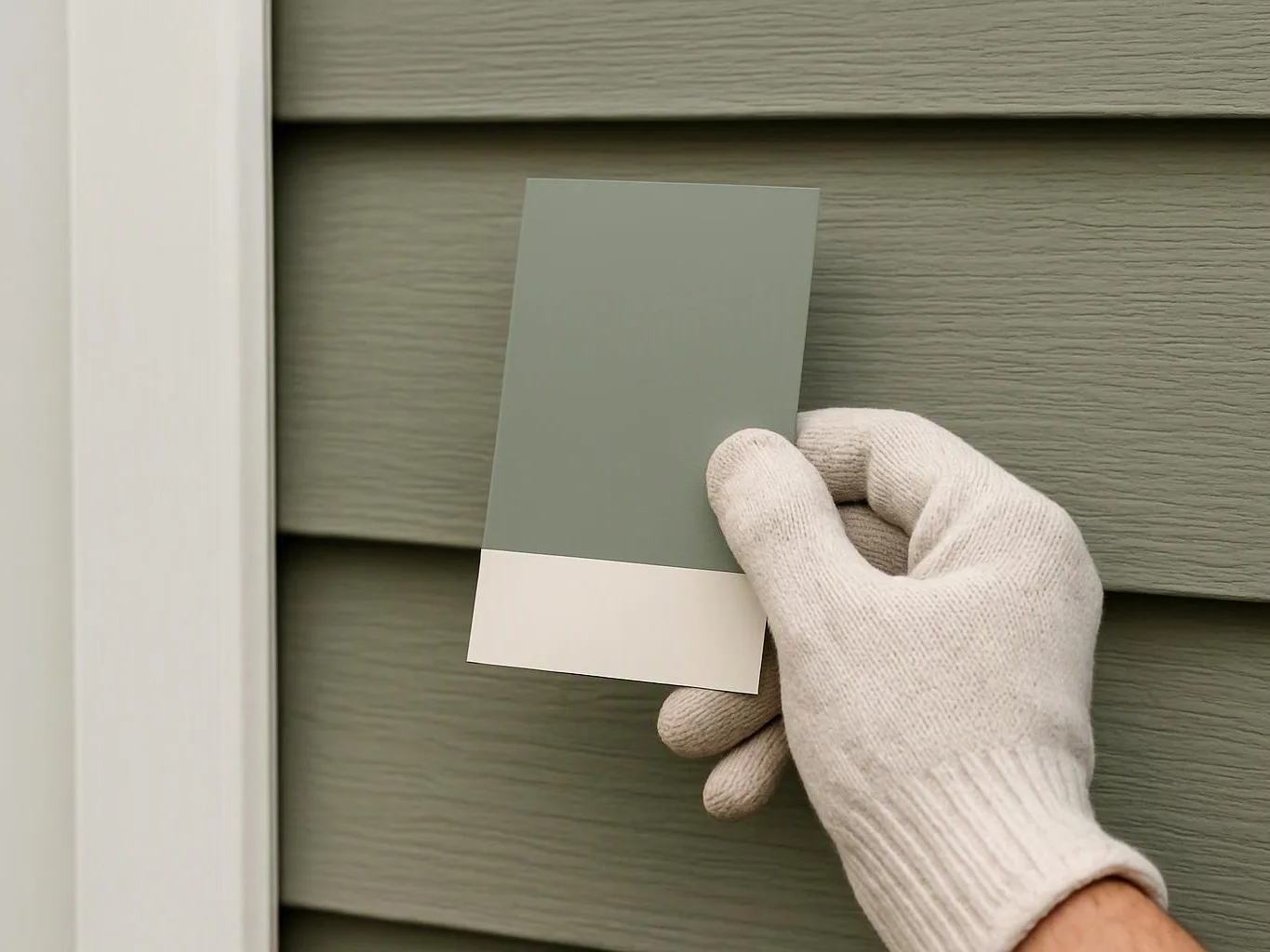 A gloved hand holds a paint color swatch against green house siding