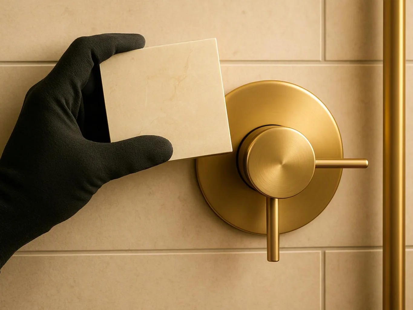 A gloved hand holds a square tile beside a gold shower control on a tiled bathroom wall