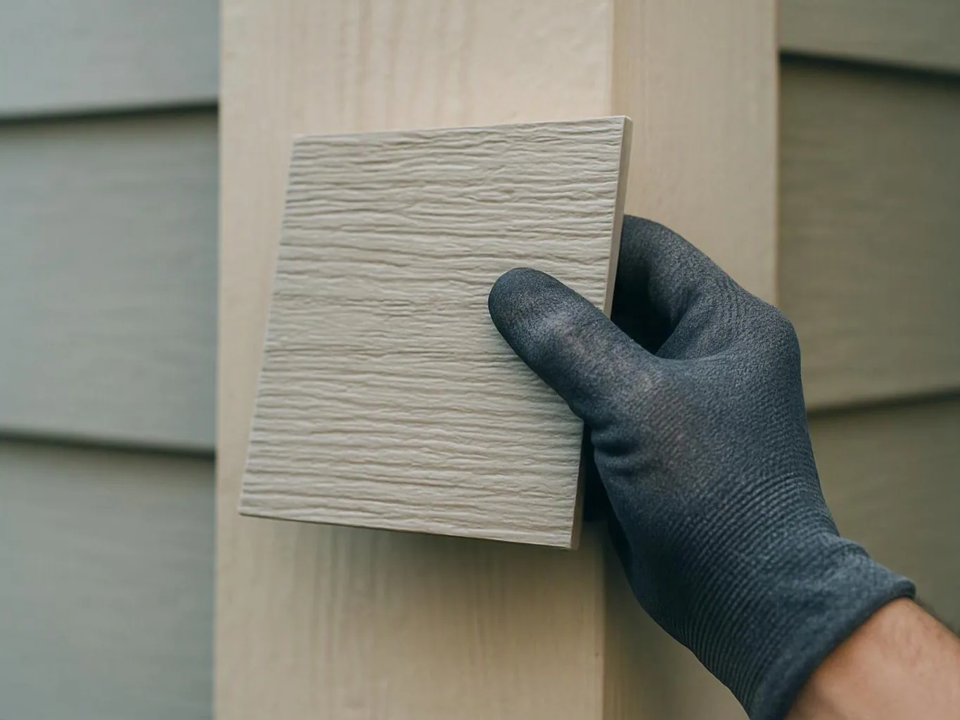 A gloved hand holds a textured square sample against a light wood surface