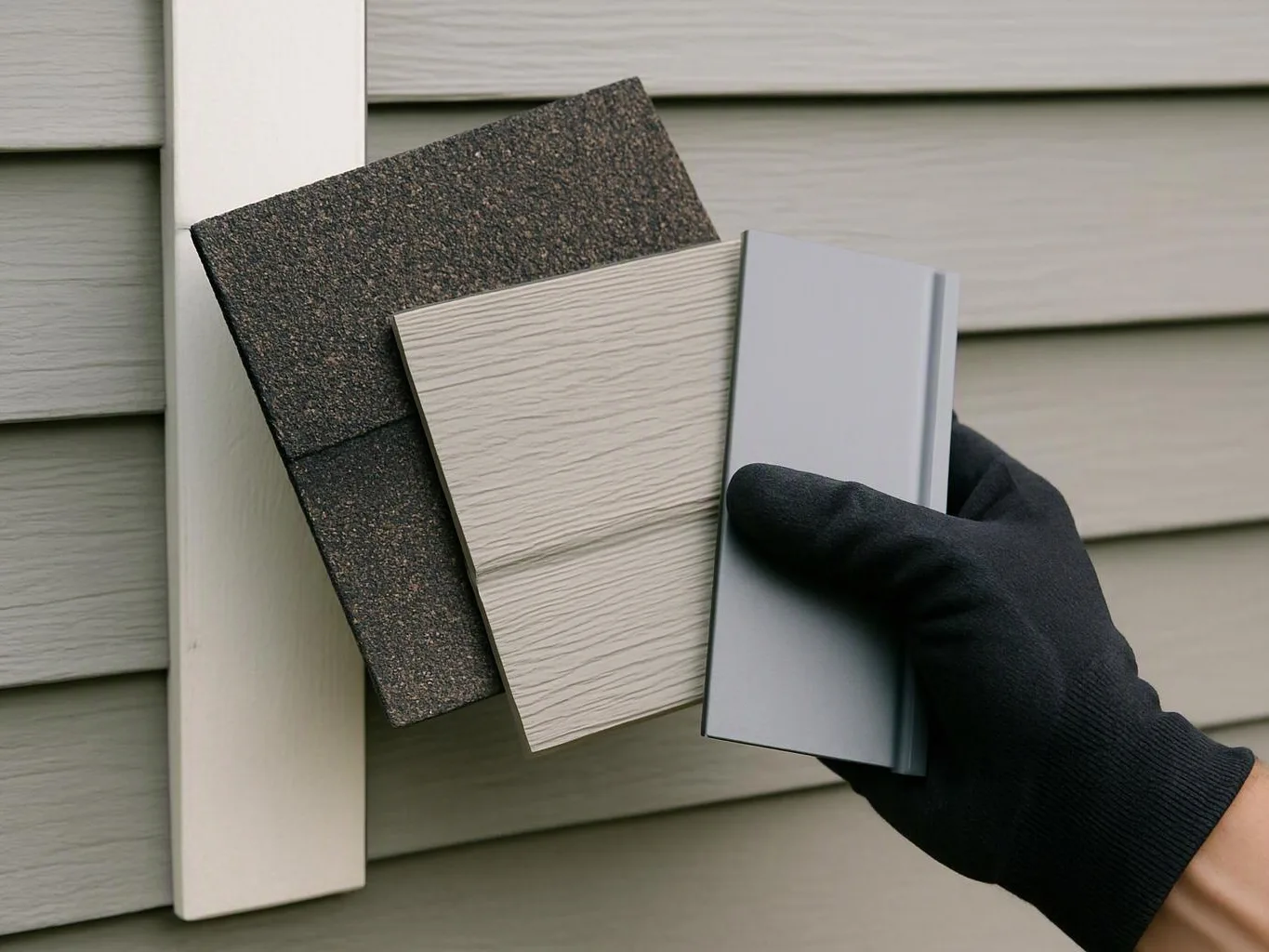 A gloved hand holds three siding sample boards against matching exterior wall panels